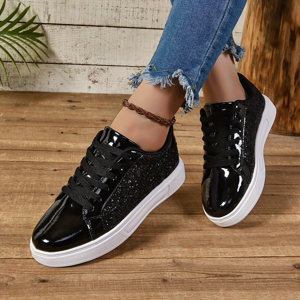 Vibrant Sparkly Sequins Low Top Sneakers - Comfortable Lace-Up Fabric Insole EVA Sole Microfiber Shoes for Everyday Casual Walking and Fashion Wear