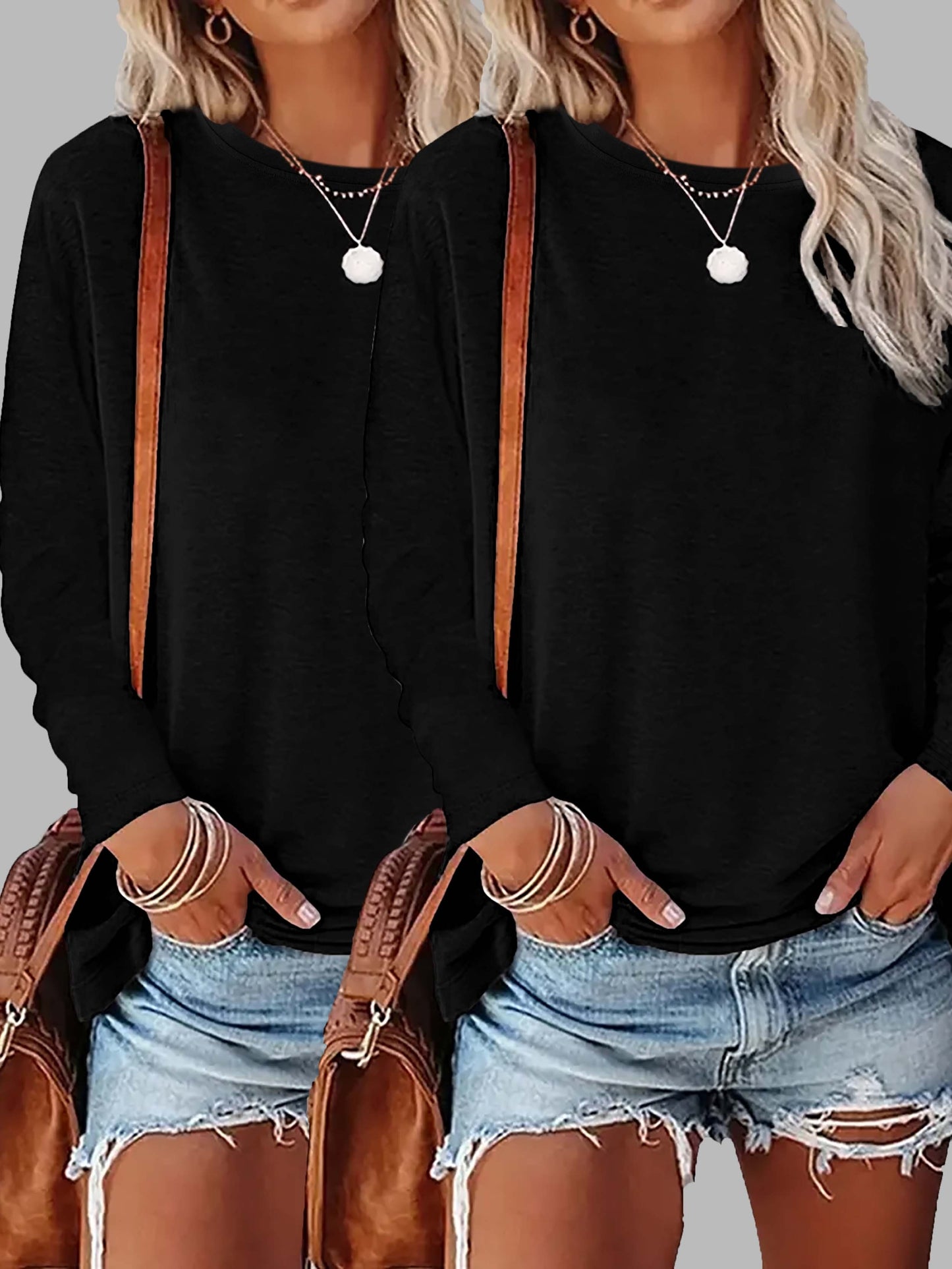 Paquete de 2 camisetas de cuello redondo y manga larga en colores sólidos vibrantes