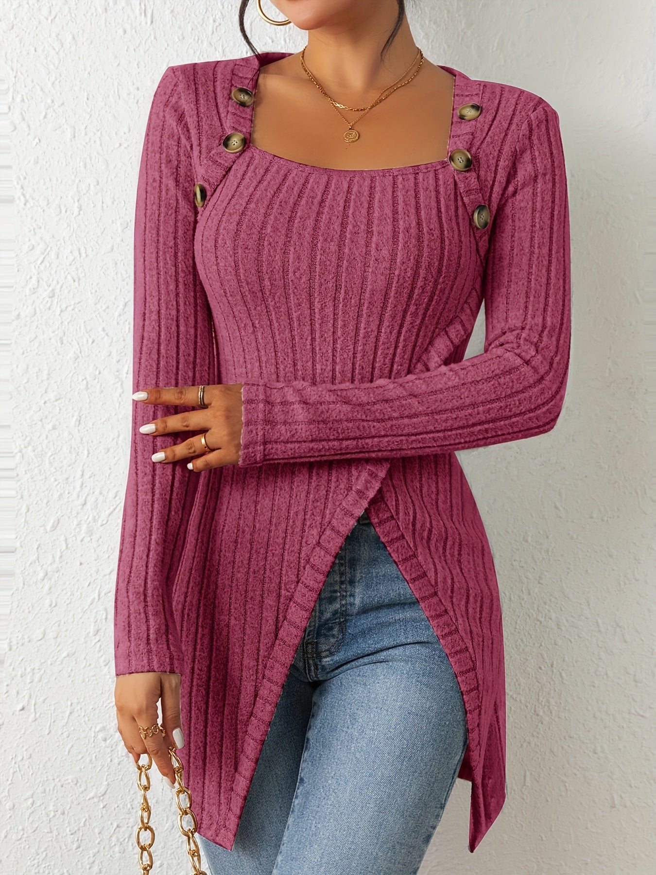 Chic Ribbed Long Sleeve Top with Unique Button Accent - Asymmetrical Hem - Perfect for Womens Spring & Fall Fashion