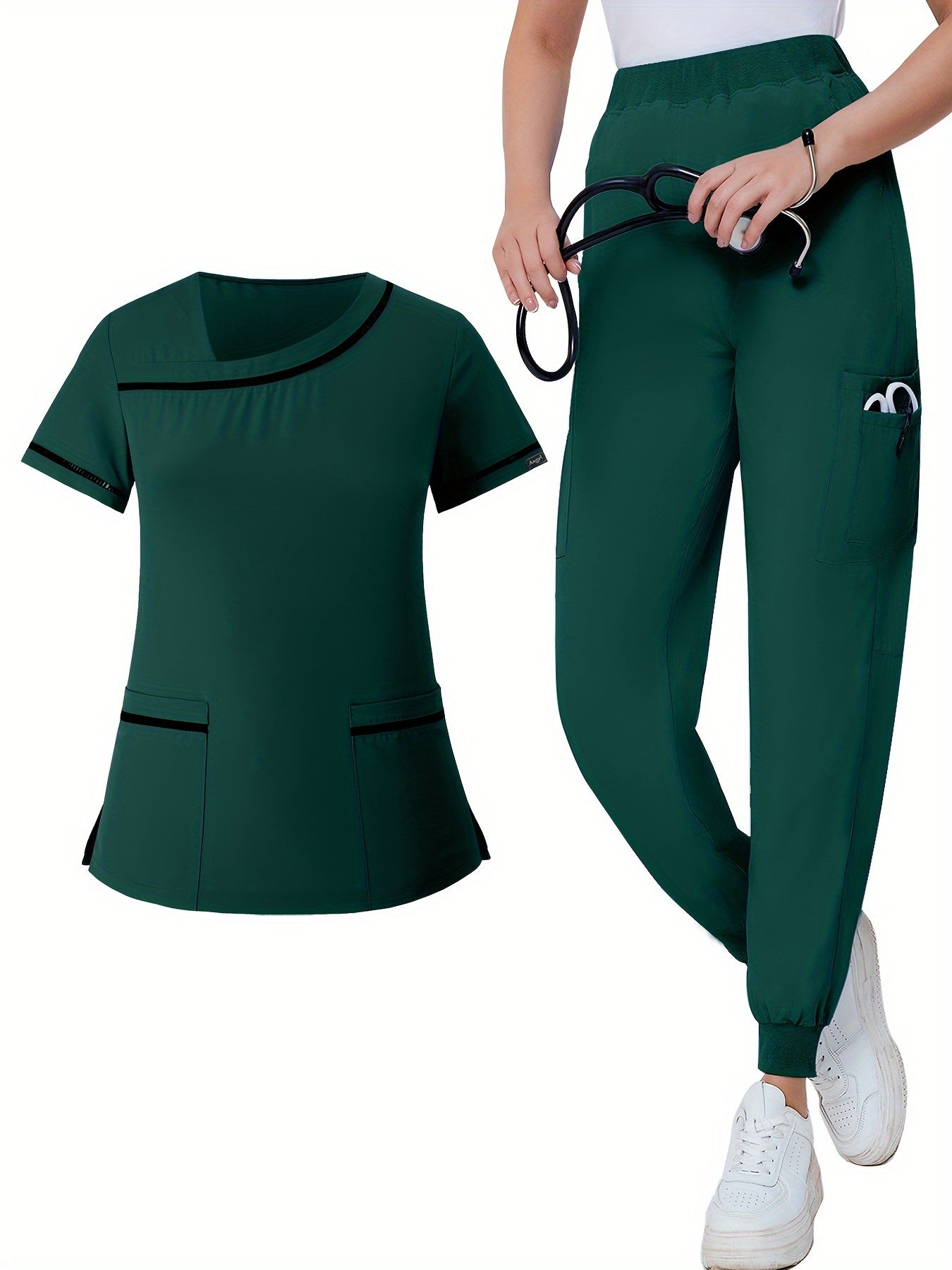 Two-Piece Solid Scrub Set - Functional Patched Pockets, Short Sleeve, Comfortable Medical Uniform for Women - Medical Care, Nursing, Hospital Wear