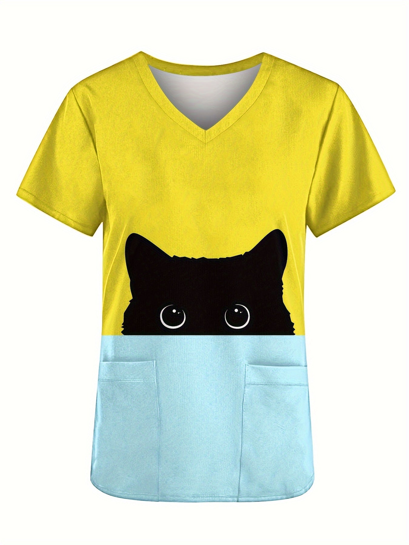 Blusa quirúrgica con cuello en V y diseño de gato de dibujos animados: uniforme sanitario ultracómodo, funcional y transpirable para mujeres, perfecto para hospitales, consultorios dentales y profesionales médicos