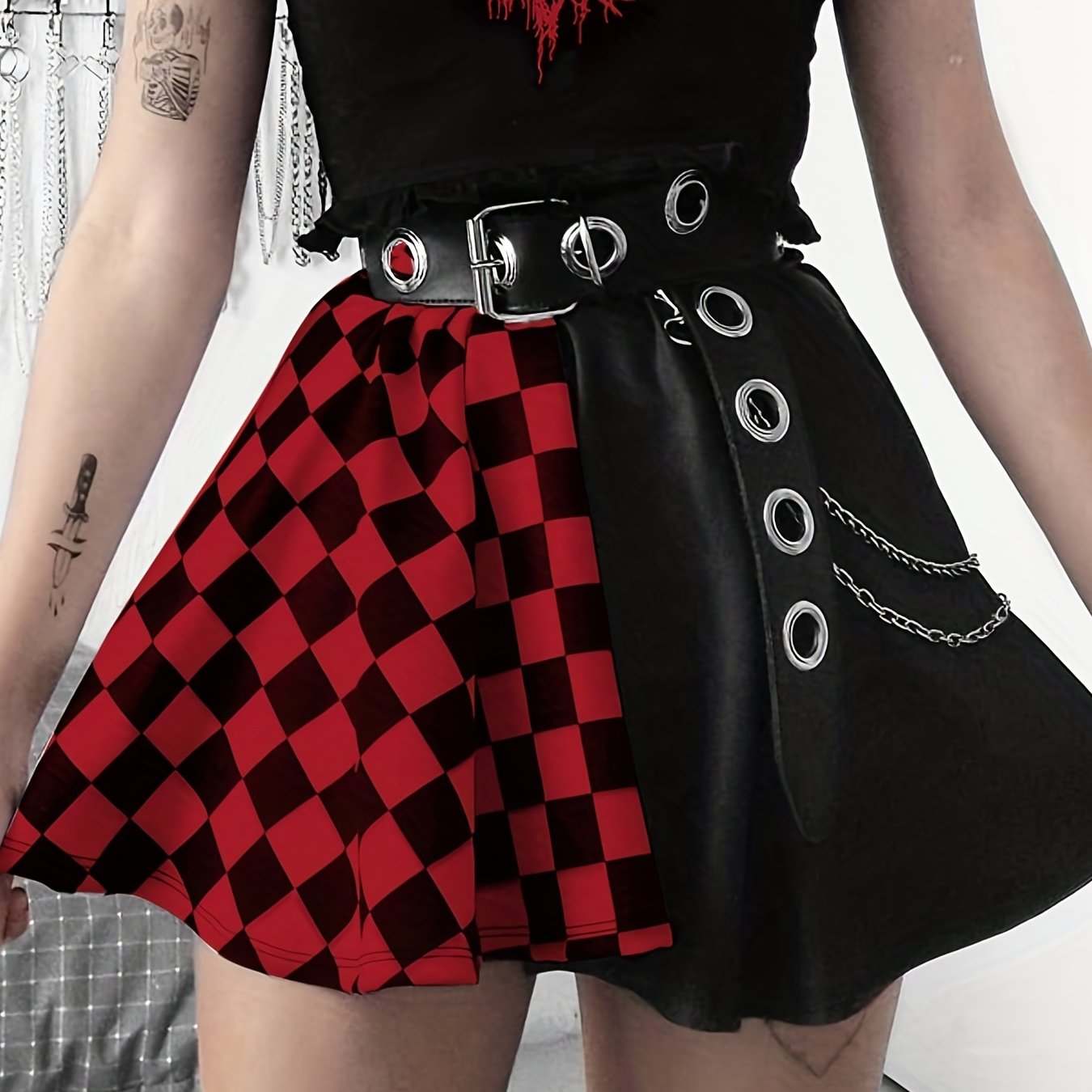 Chessboard Print Splicing Skirt, Gothic Ruched Punk Mini Skirt Without Belt, Women's Clothing