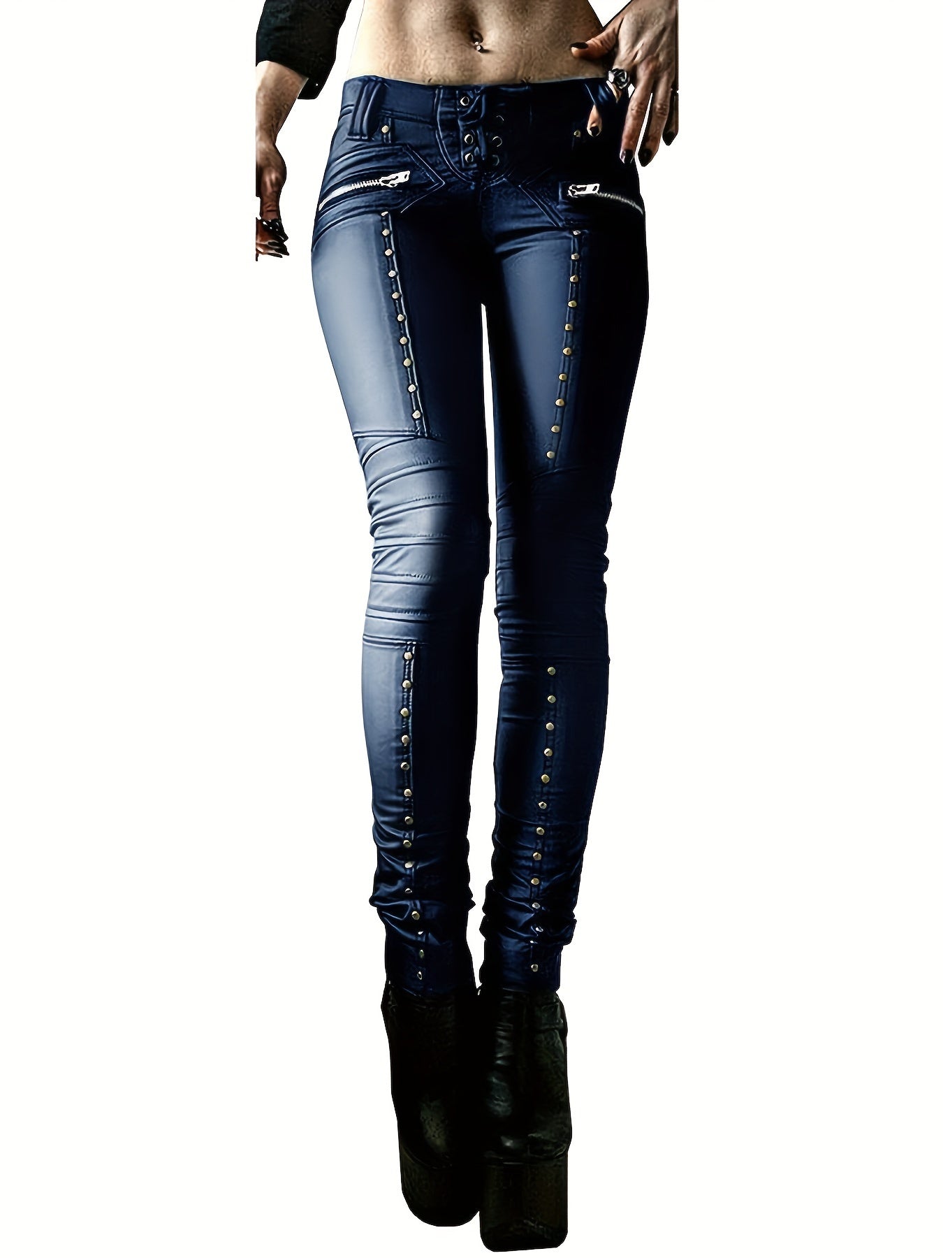 Leggings de cuero sintético para mujer, pantalones góticos punk ajustados de cuero PU, pantalones ajustados con tachuelas y tiro medio