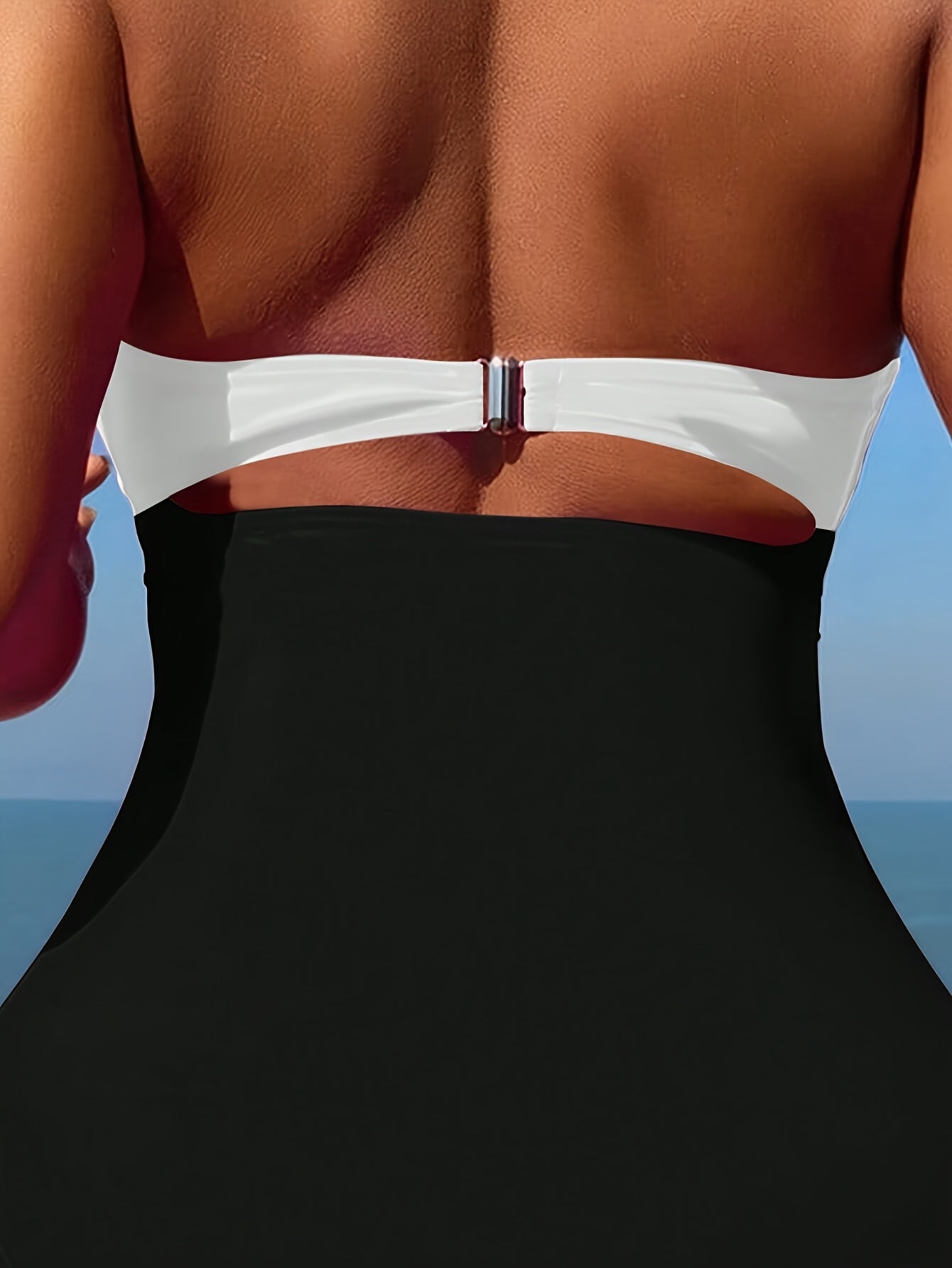 Elegant High-Waisted One-Piece Hollow-Out Bikini Set for Women, Removable Pads, Halter Neck Top, Contrast Color, Knitted Fabric, Stretchy Beach Swimwear