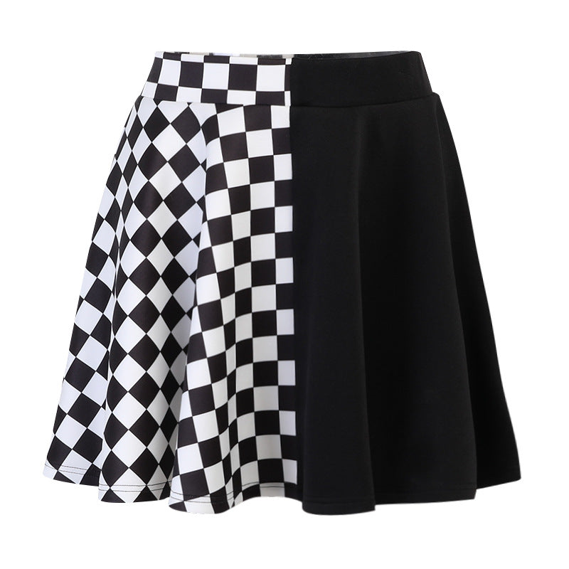 Chessboard Print Splicing Skirt, Gothic Ruched Punk Mini Skirt Without Belt, Women's Clothing