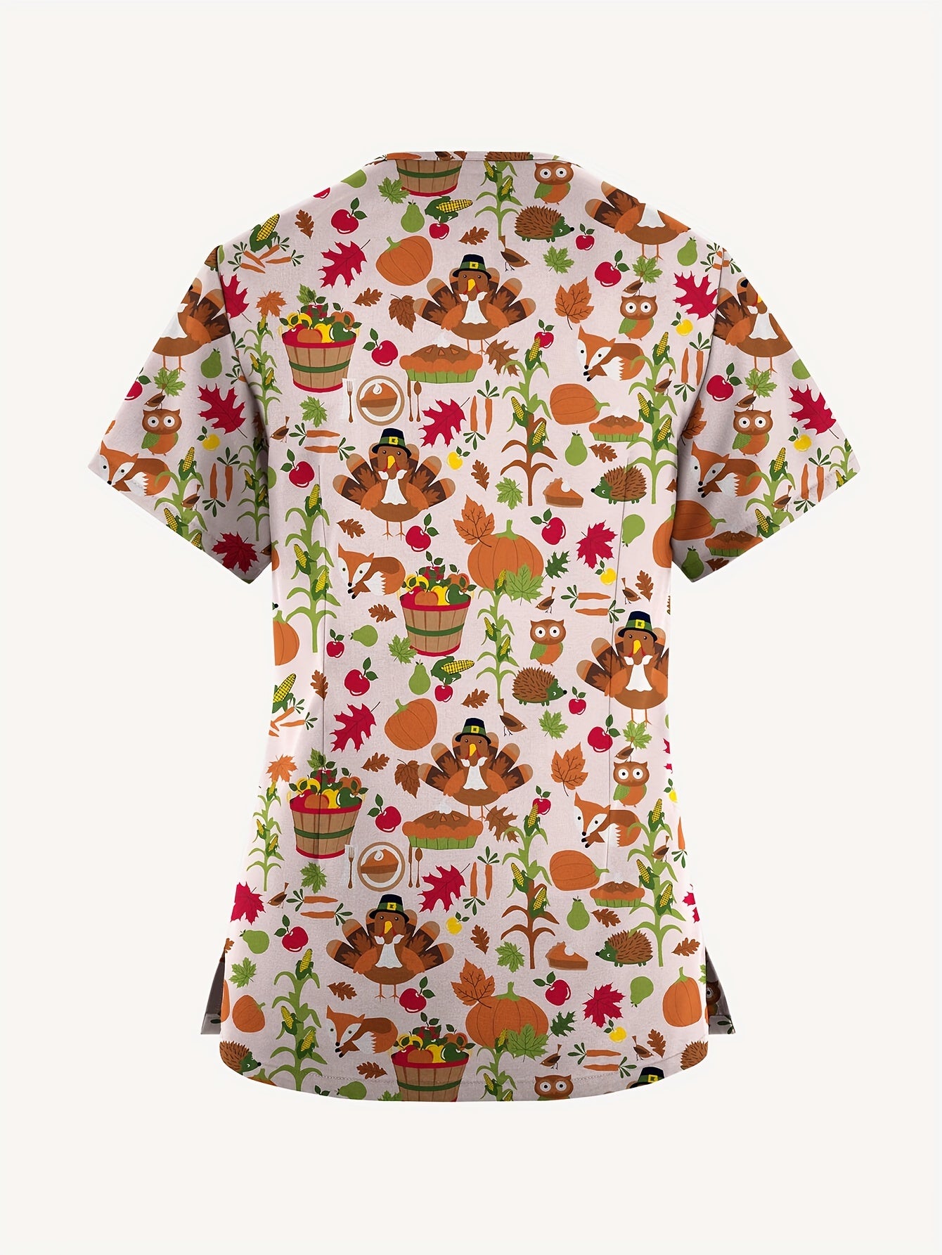 Blusa médica con estampado festivo de dibujos animados para enfermeras: cuello en V, bolsillo, mezcla de poliéster, perfecta para Acción de Gracias o para las temporadas de otoño
