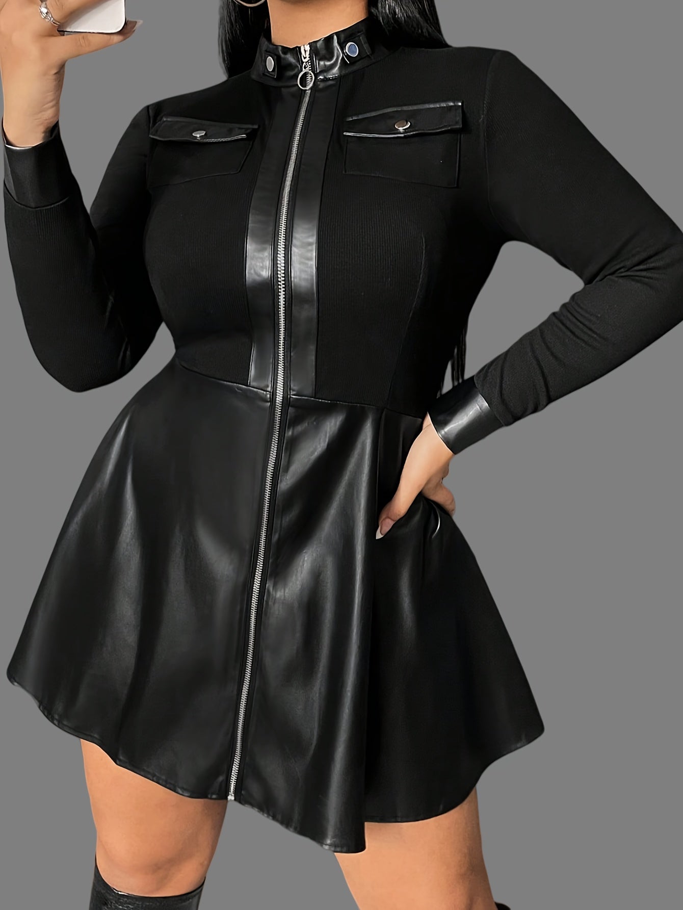 Plus Size PU Leather Patchwork Fashion Dress - Stand Collar, Zippered, Long Sleeved, Chic, Comfortable, Versatile - Women's Clothing for Curvy Figures