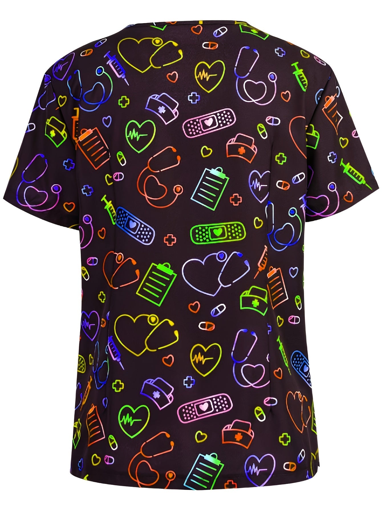 Blusas médicas con cuello en V y estampado de corazones, elegantes uniformes de enfermera con bolsillos de parche y manga corta, ropa para mujer