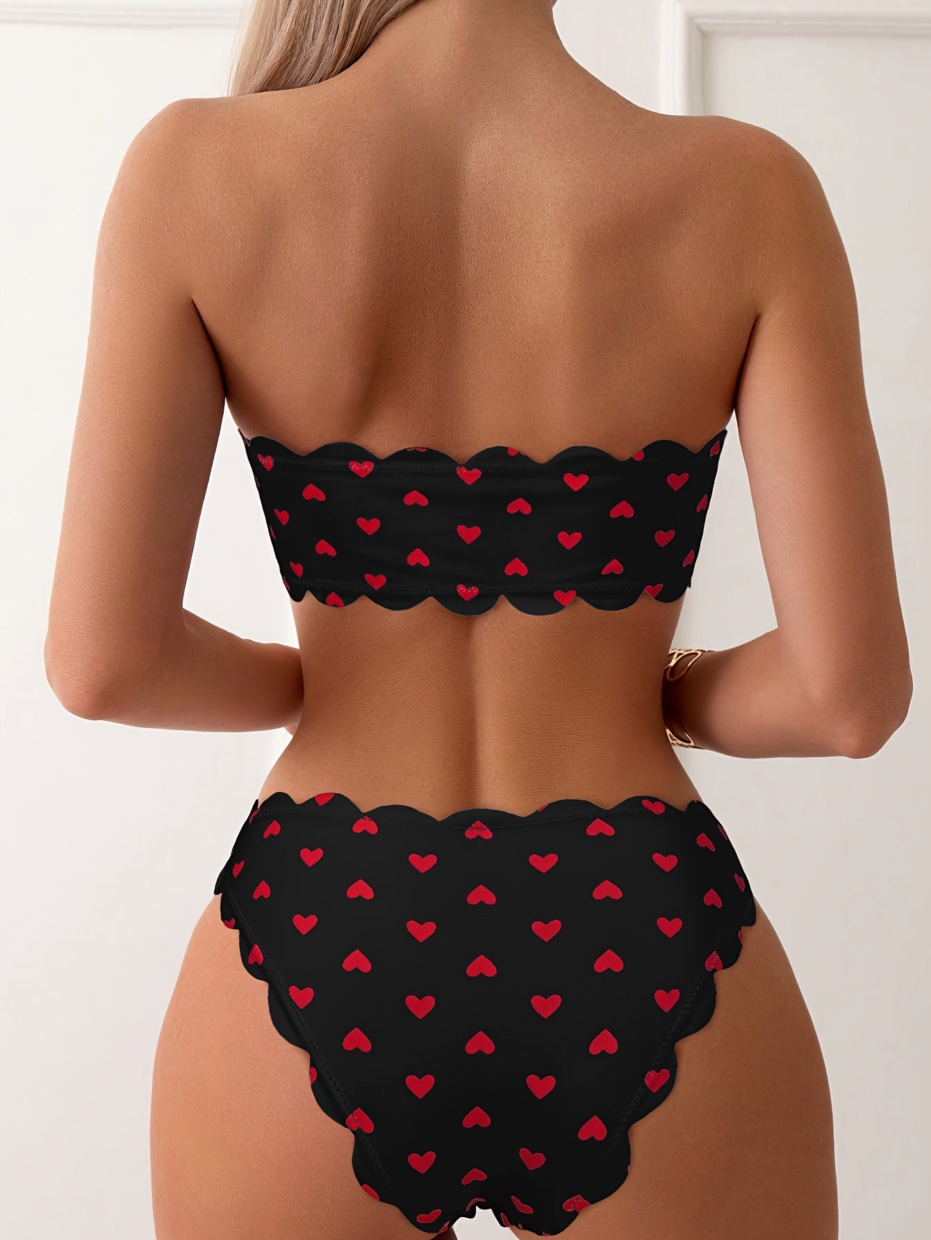Heart Pattern Bandeau 2 Piece Set Bikini, Tube Top Scallop Trim Tie Front High Cut Swimsuits - Polyester & Spandex