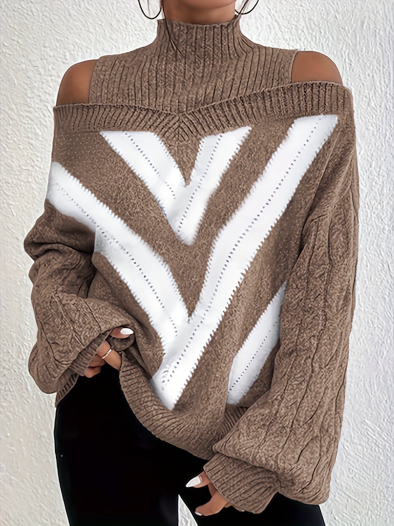 Suéter de cuello alto con estampado geométrico para mujer, talla grande, hombros descubiertos, manga larga, ligeramente elástico