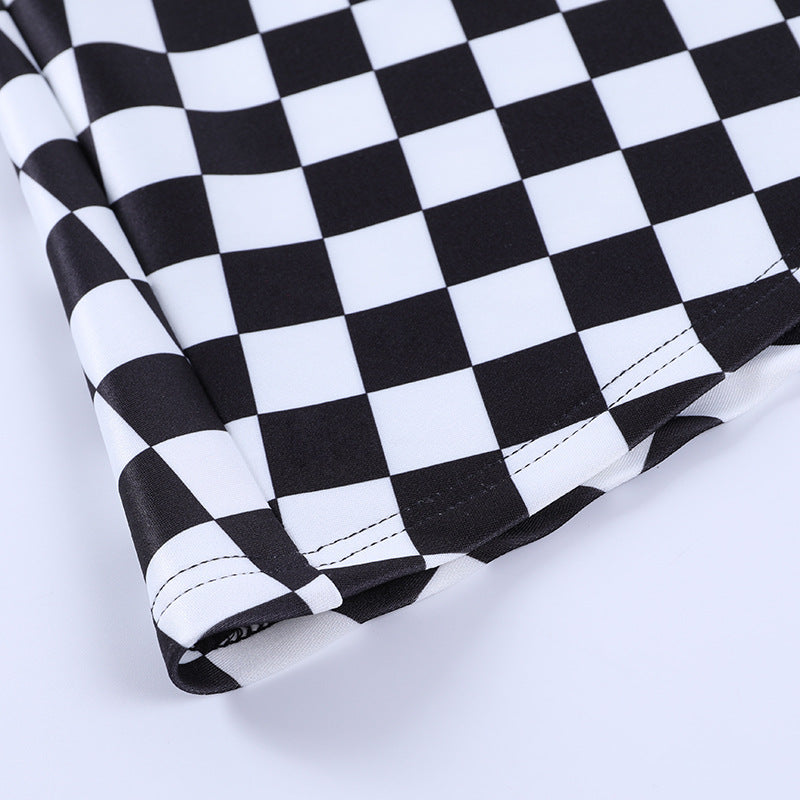 Chessboard Print Splicing Skirt, Gothic Ruched Punk Mini Skirt Without Belt, Women's Clothing