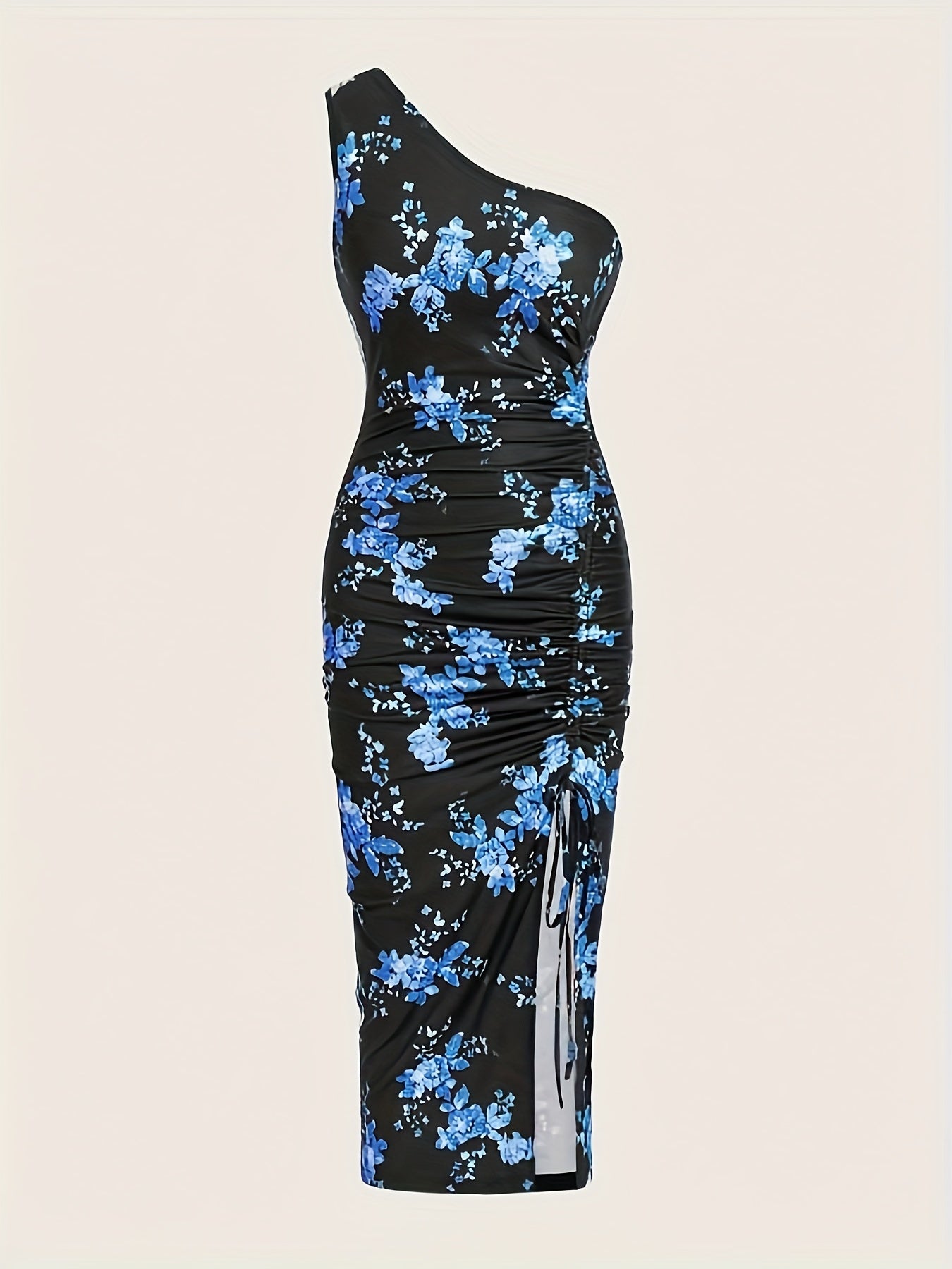 Vibrant Floral Print One Shoulder Ruched Dress - Elegant Sleeveless Asymmetrical Split Thigh Design, Chic Vacation Clothing for Women, Perfect for Summer Getaways, Beach Trips, and Outdoor Events