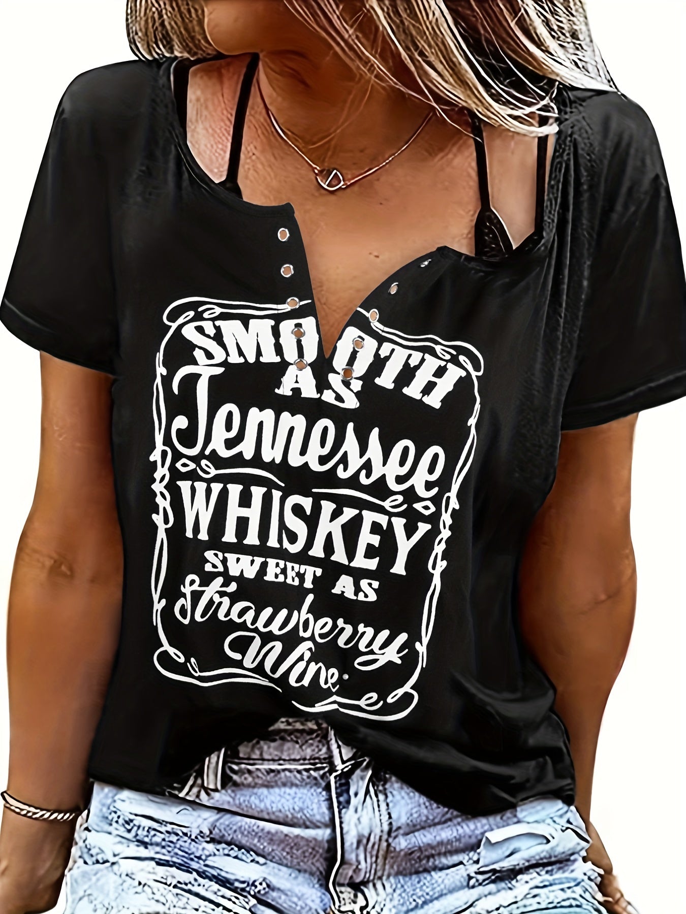 Plus Size Women's Relaxed Fit V Neck Casual T-Shirt - Soft Slight Stretch Fabric, Short Sleeve, Grommet Detail, Slogan Print, Comfortable and Breathable - Perfect for Everyday Wear