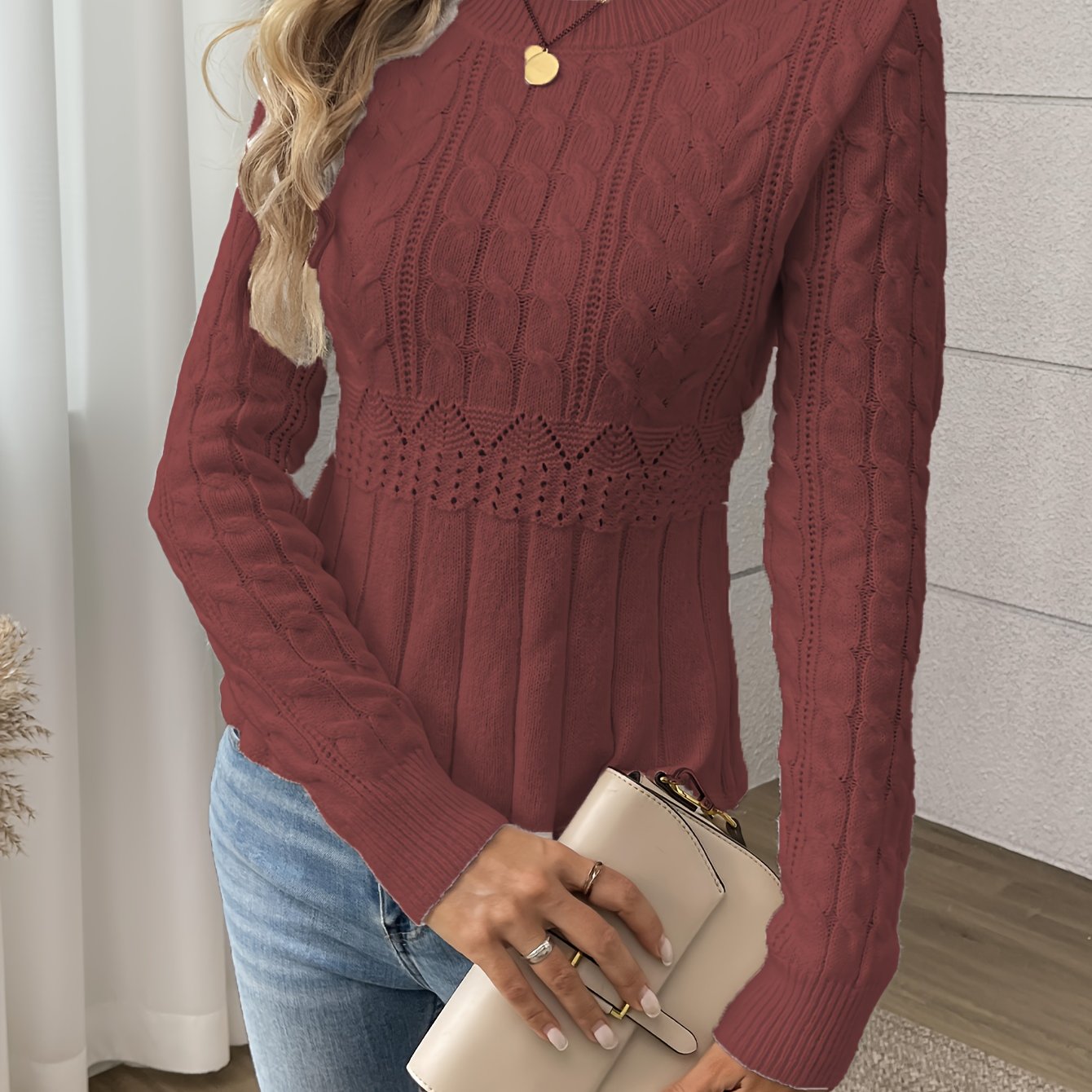 Solid Pointelle Waist Cable Knit Sweater, Elegant Long Sleeve Crew Neck Cozy Knitted Sweater, Women's Clothing