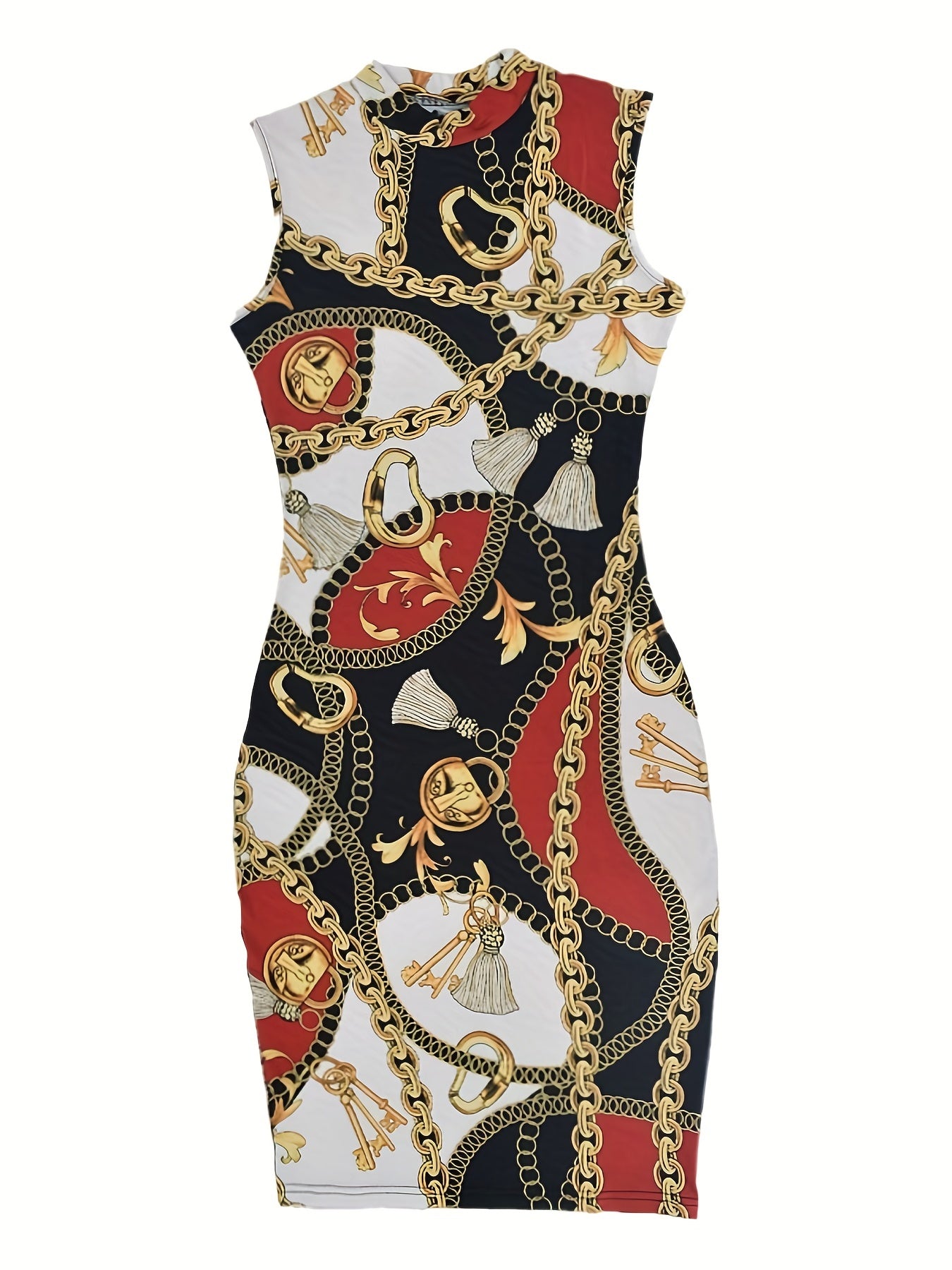 Chain Print Casual Midi Bodycon Dress - Crew Neck, Sleeveless, Easy-Care, All-Season Comfort with Stretch