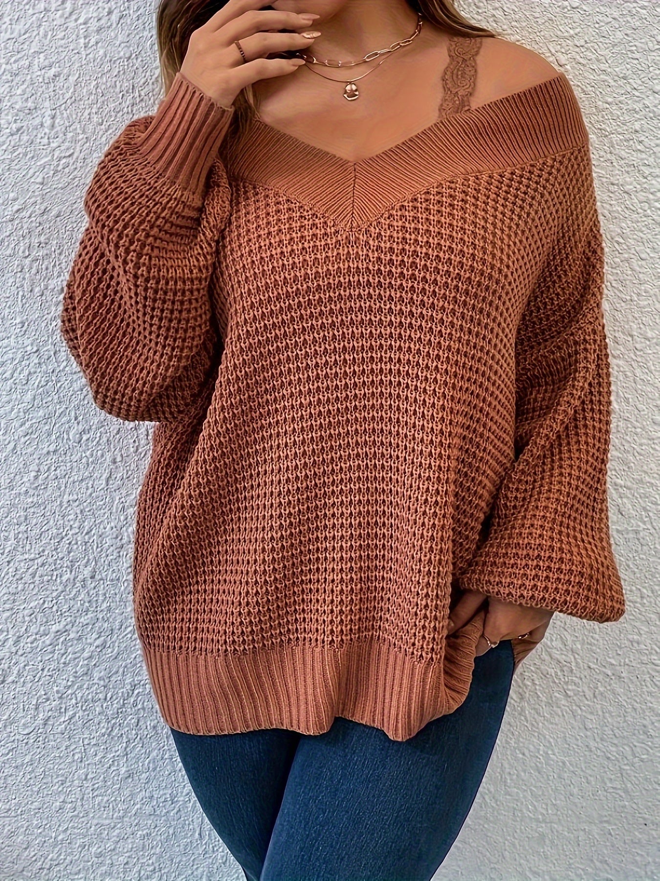Plus Size Cold Shoulder Knitted Sweater, Elegant Long Sleeve Pullover Sweater