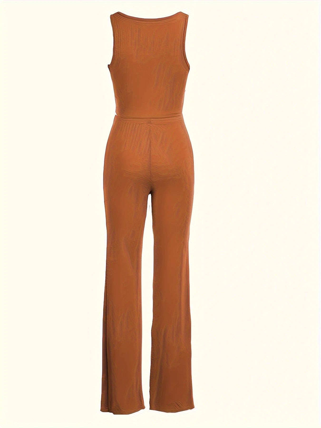 Plus Size Solid Chic Two-piece Set - Flattering V Neck Tank Top & Smooth Pants Outfit