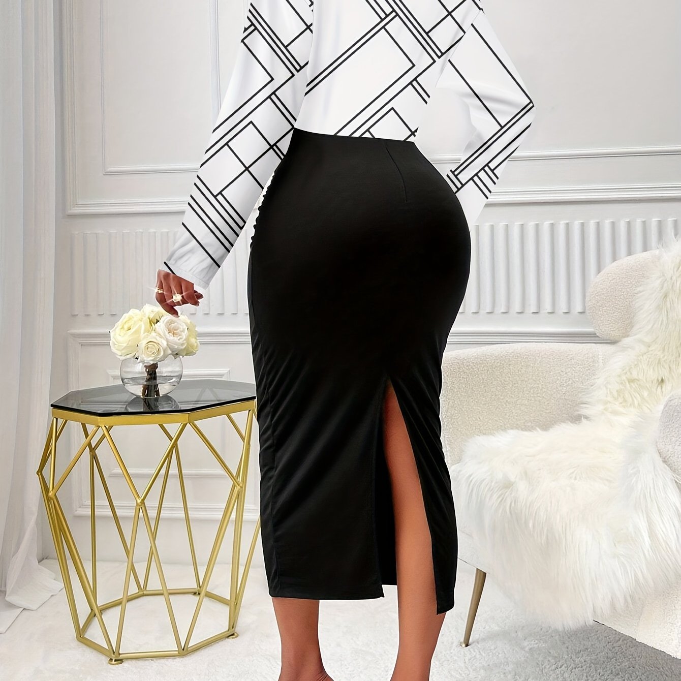 Vestido ajustado con dobladillo dividido y estampado geométrico, elegante vestido de cuello alto y manga larga, ropa de mujer