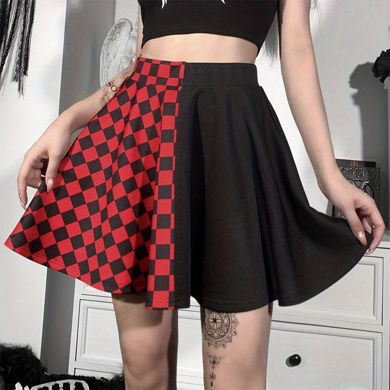 Chessboard Print Splicing Skirt, Gothic Ruched Punk Mini Skirt Without Belt, Women's Clothing