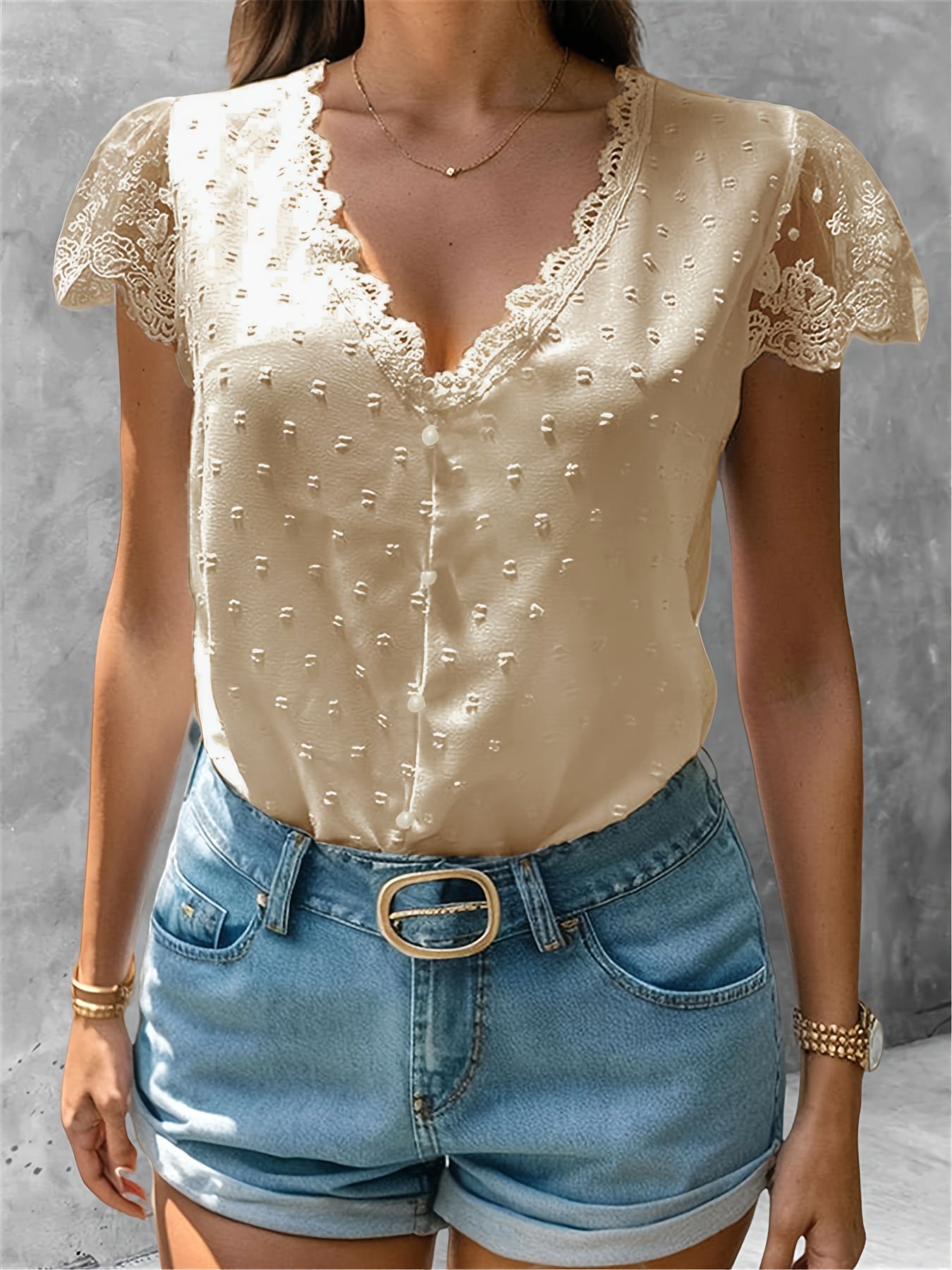 Swiss Dot Contrast Lace Blouse, Vacation V-neck Short Sleeve Button Front Blouse, Women's Clothing