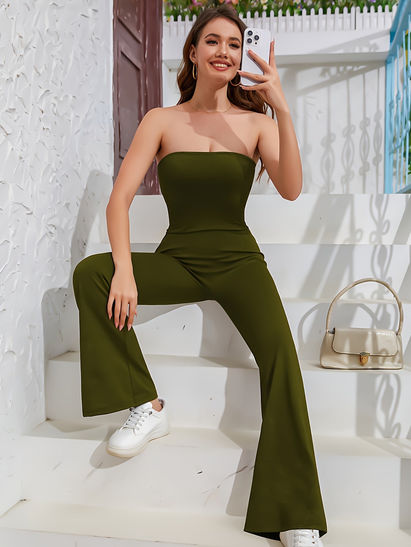 Mono elegante de tubo sin tirantes de color liso: estilo sin mangas informal para primavera y verano: ropa informal de moda para uso diario para mujer
