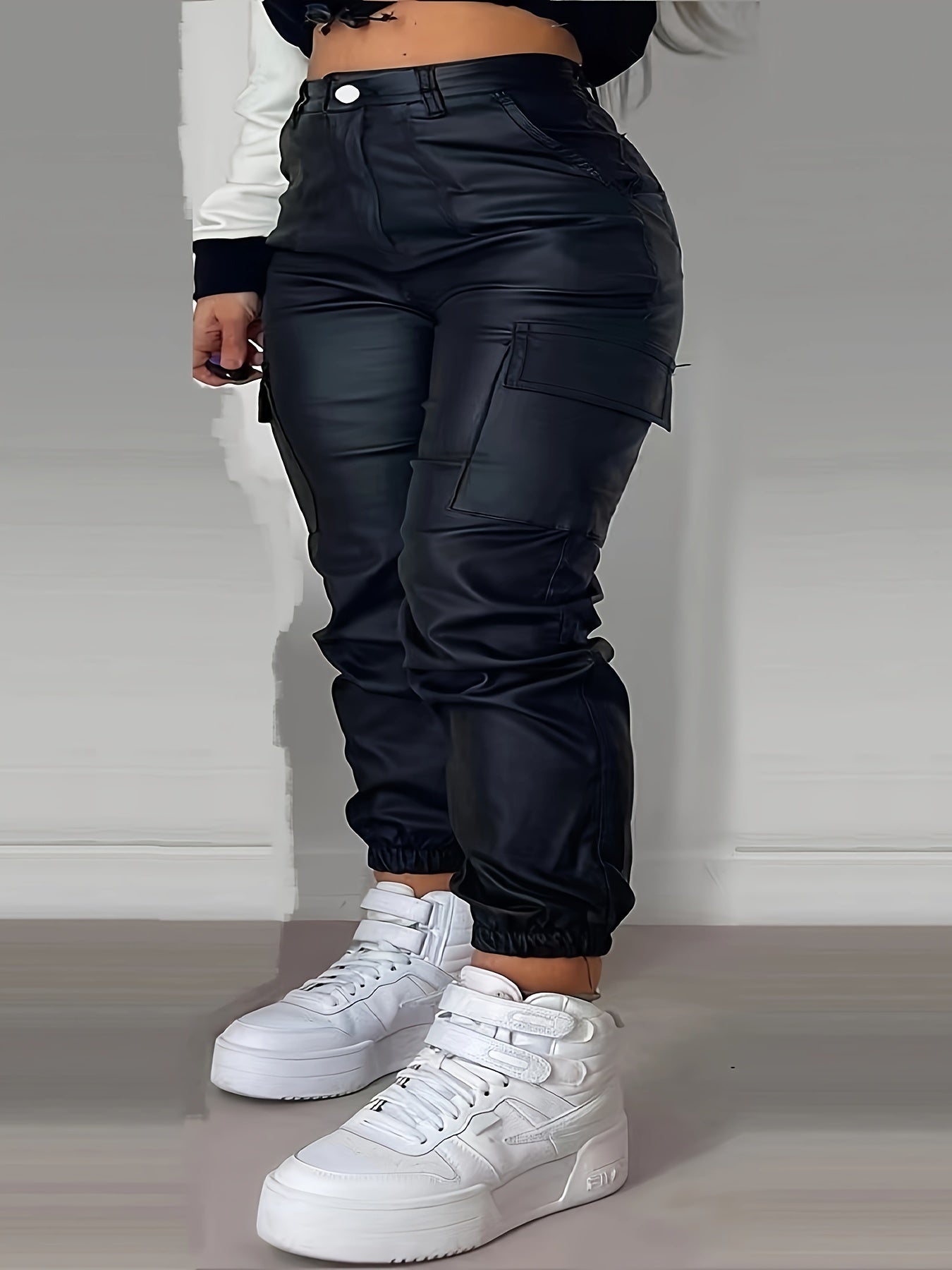 Plus Size Womens Street Style Long Length Coated Elastic Cargo Denim Jogger Pants - Stretchy, Zipper Fly, Button Details, Multiple Pockets - Perfect for Going Out, All-Season Wear, Slim Fit, Customized Style