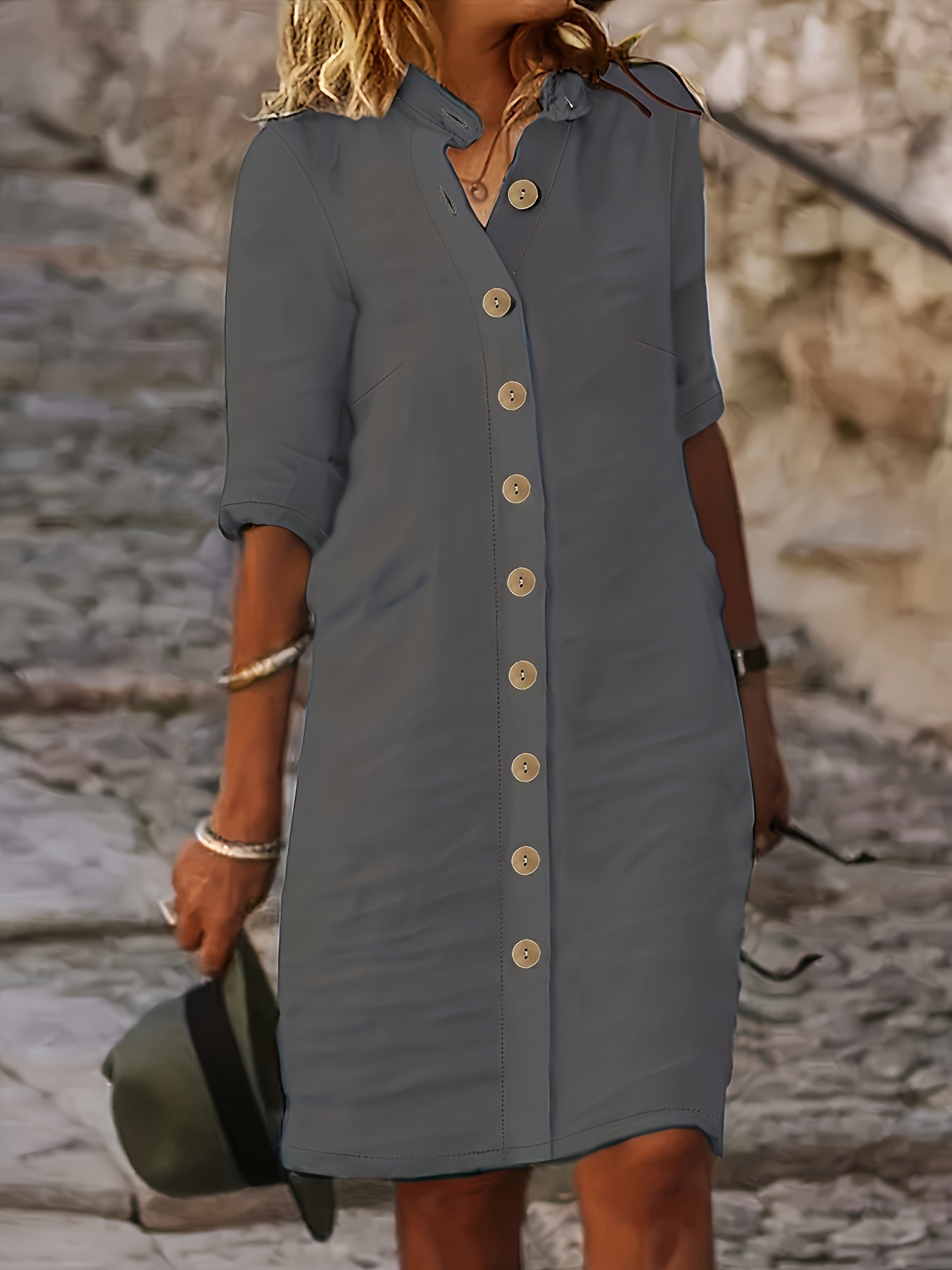 Midi Plus Size Elegant Shirt Dress - Stand Collar, Button-Up, Non-Stretch Polyester Fabric, Solid Color, Casual Weekend Wear, Machine Washable, No Belt or Chest Pad