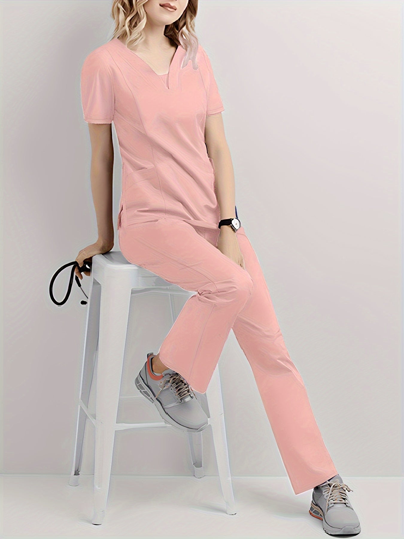 Conjunto médico de dos piezas con cuello en V, manga corta y pantalones elásticos, cómodo y de ajuste cómodo para mujeres | Uniformes médicos duraderos y de fácil cuidado para profesionales de la salud