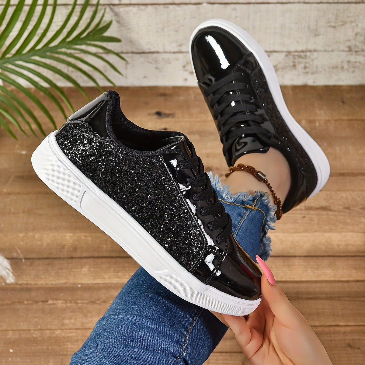 Vibrant Sparkly Sequins Low Top Sneakers - Comfortable Lace-Up Fabric Insole EVA Sole Microfiber Shoes for Everyday Casual Walking and Fashion Wear