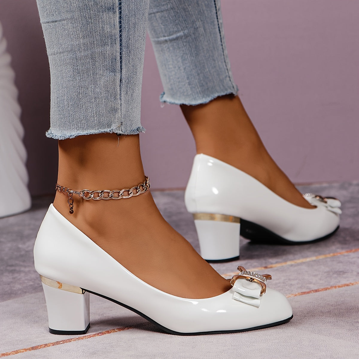 Elegantes tacones gruesos con lazo: zapatos de tacón de piel sintética sin cordones con cómodos tacones de bloque y estilo versátil para el otoño