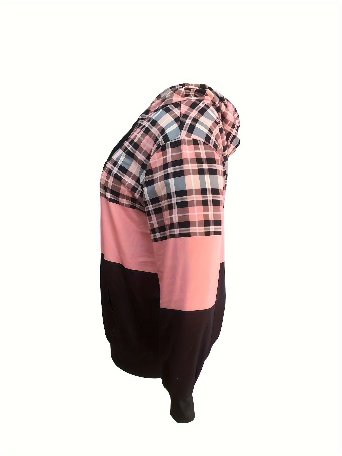 Plus Size Casual Sweatshirt - Designed for Women with Curvy Figures, Vibrant Colorblock Plaid Print, Long Sleeve for Extra Coverage and Comfort, Adjustable Drawstring Hood, Perfect for Casual Occasions