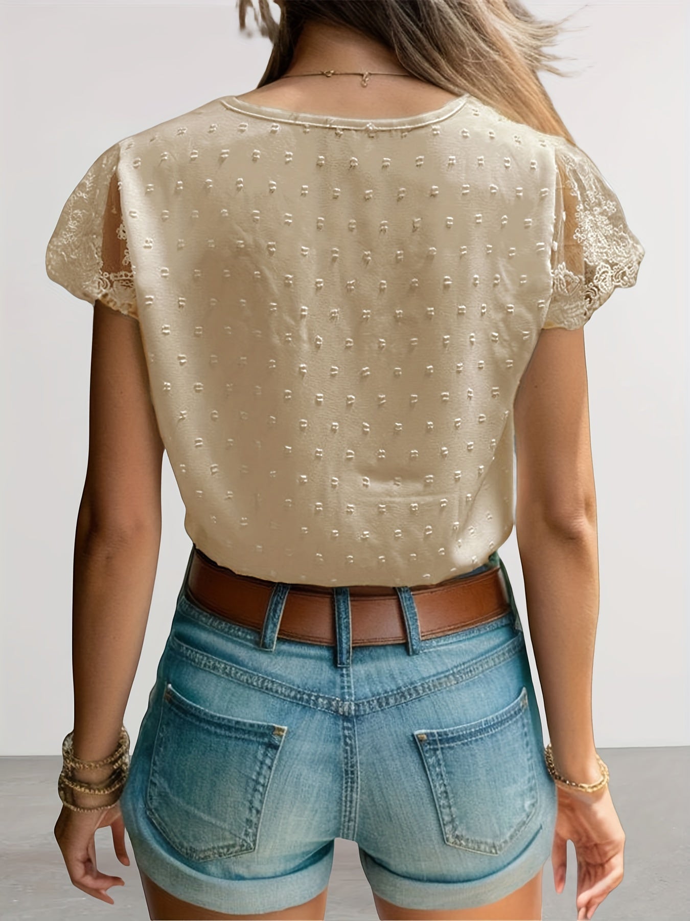 Swiss Dot Contrast Lace Blouse, Vacation V-neck Short Sleeve Button Front Blouse, Women's Clothing