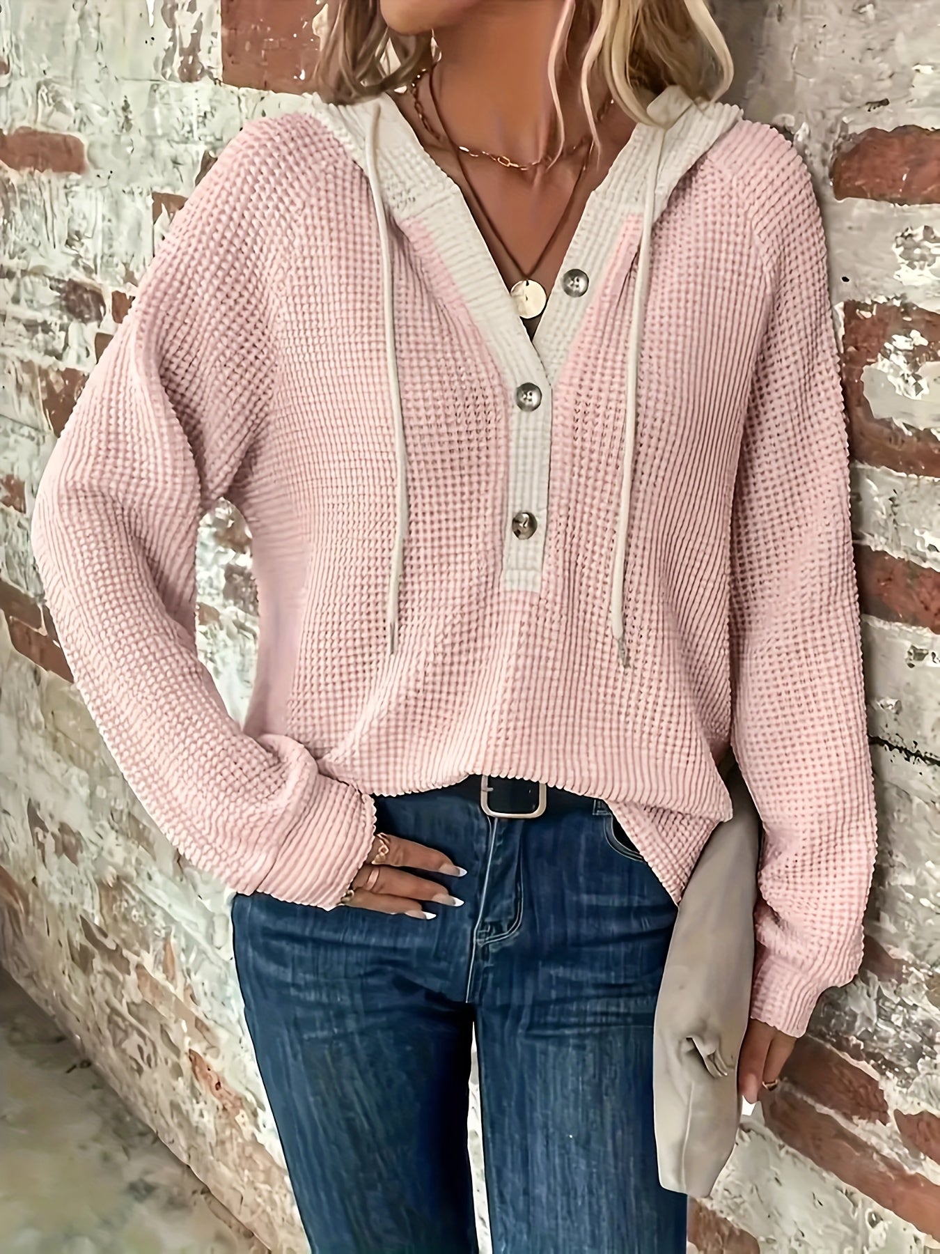 Plus Size Color Block Button Hoodie - Stylish Drawstring Design, Soft and Cozy Long Sleeve for Spring & Fall, Womens Casual Comfortable Clothing for Daily Wear