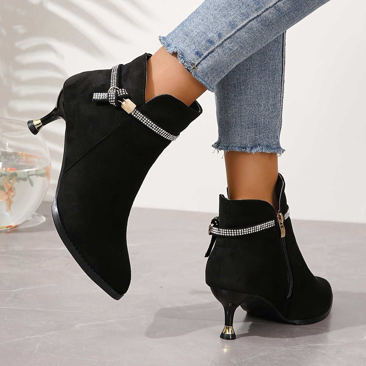 Dazzling Rhinestone Stiletto Heeled Boots - Fashion-Forward Womens Pointed Toe Dress Boots with Comfortable Fit & Smooth Side Zipper - For Glamorous Evening Outfits