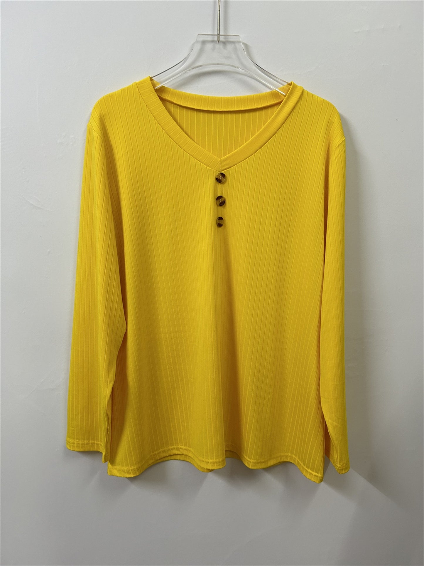 Plus Size Ribbed V Neck Long Sleeve T-Shirt - Soft, Breathable, Casual Wear for Everyday - Women's Comfortable Clothing for Work, Date, or Leisure