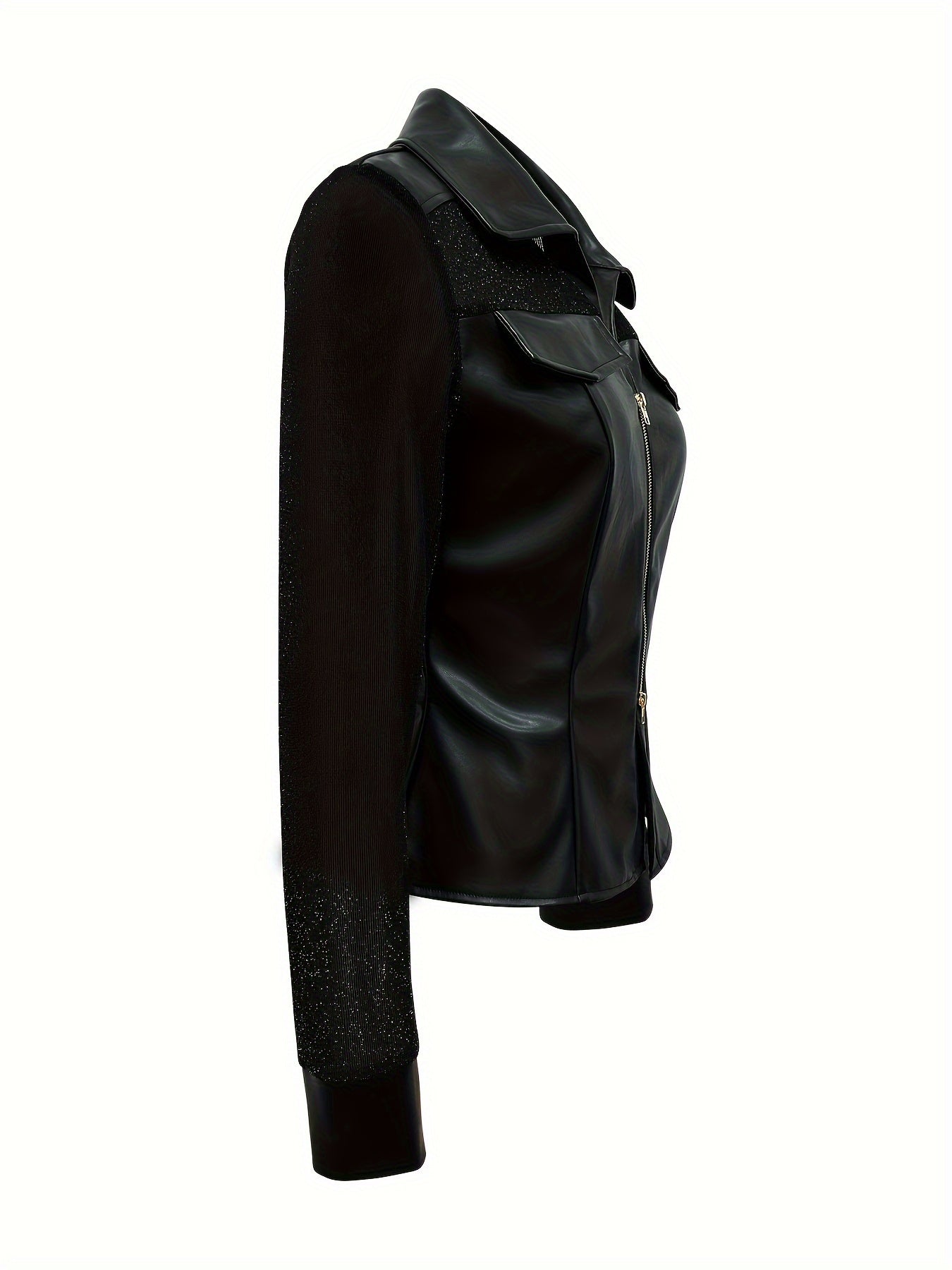 Blusa de piel sintética con botones en la parte delantera, elegante blusa ajustada de técnica mixta con mangas largas tipo ilusión para primavera y verano, ropa de mujer
