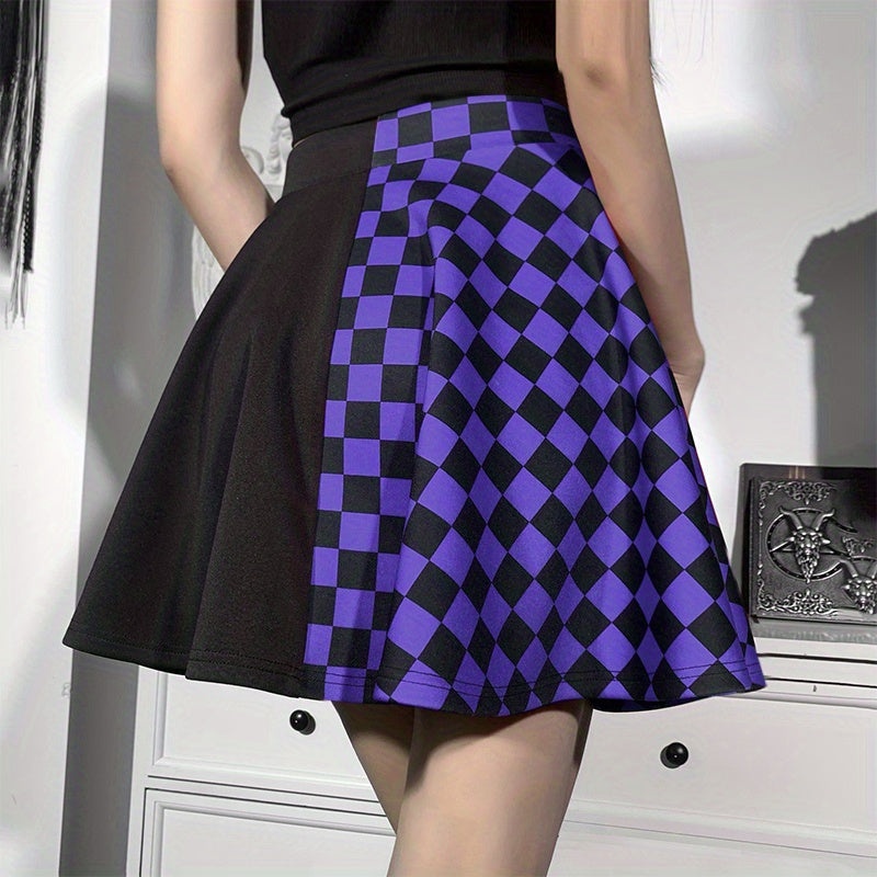 Chessboard Print Splicing Skirt, Gothic Ruched Punk Mini Skirt Without Belt, Women's Clothing