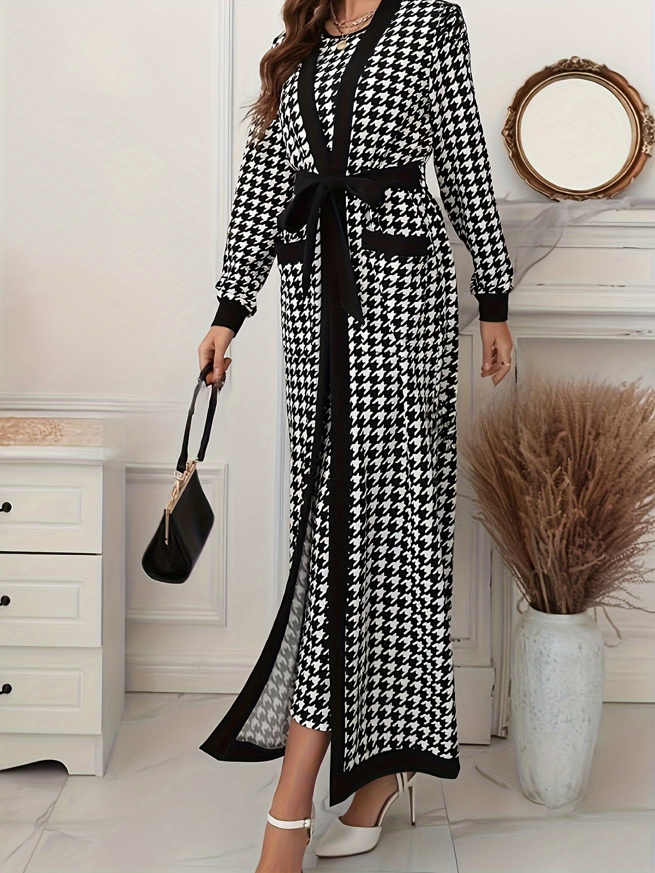 Conjunto de falda elegante con estampado de pata de gallo, vestido ajustado sin mangas con cuello redondo y chaqueta de manga larga abierta al frente, ropa de mujer