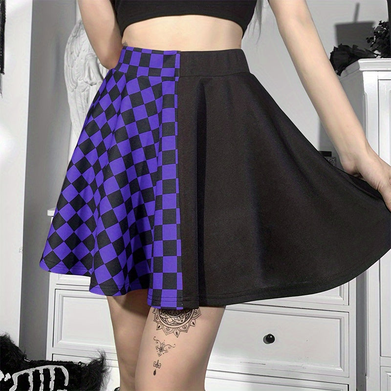 Chessboard Print Splicing Skirt, Gothic Ruched Punk Mini Skirt Without Belt, Women's Clothing