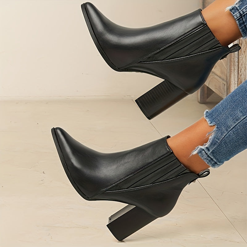 Botas de moda de color sólido para mujer, botines casuales sin cordones con tacón grueso, botas Chelsea con punta en punta
