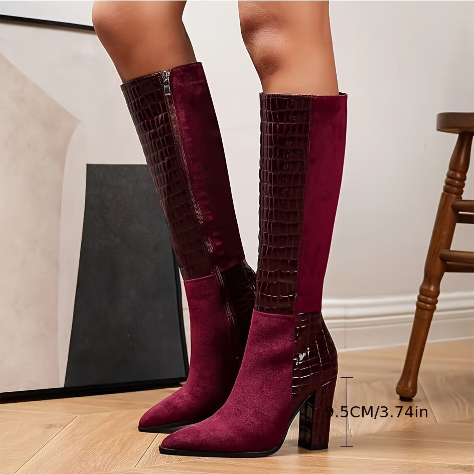 Stylish Knee-High Boots - Fashion Pointed Toe, Solid Color Block Heeled, Side Zipper, Chic Women's Boots for Everyday Wear