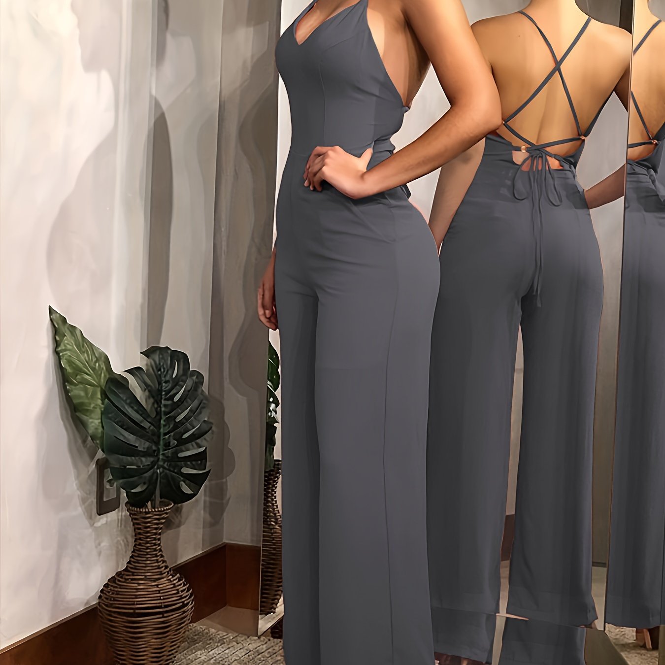 Cross Tie Back V-neck Jumpsuit, Sexy Solid Backless Jumpsuit
