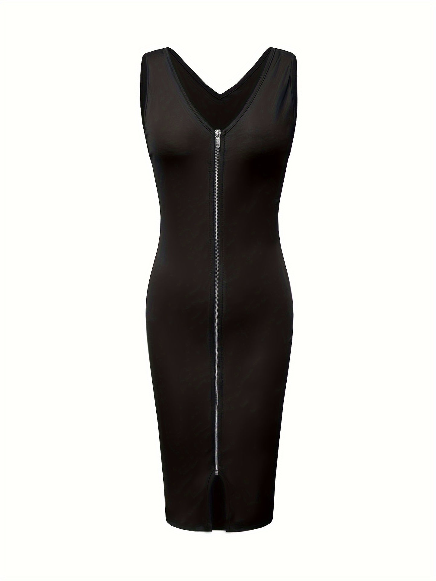 Vibrant Zip-up Bodycon Tank Dress - Sleeveless, V Neck, Knee Length, Sexy, Comfortable, Women's Clothing for Everyday Wear