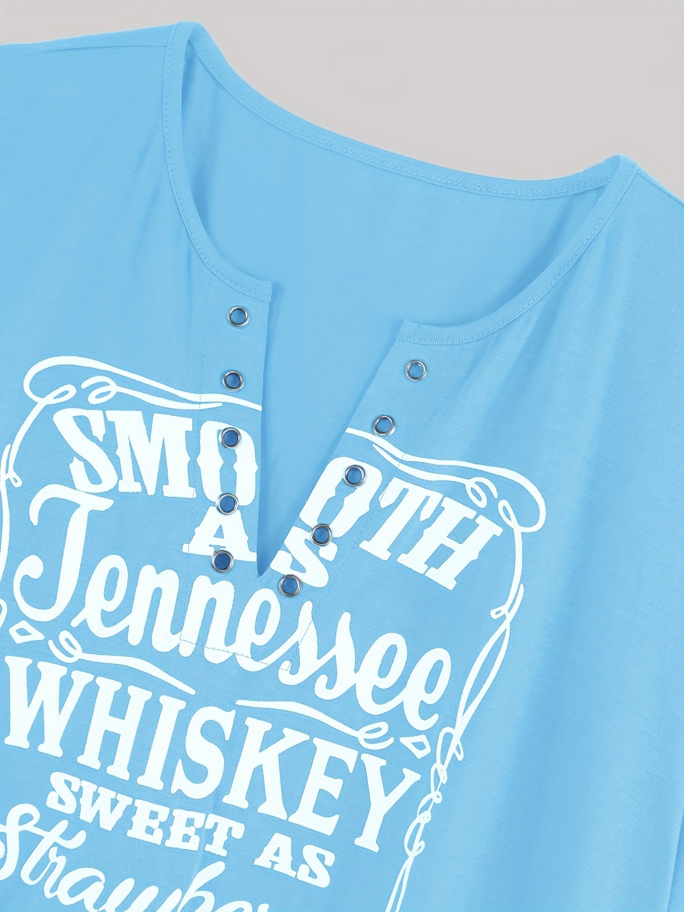 Plus Size Women's Relaxed Fit V Neck Casual T-Shirt - Soft Slight Stretch Fabric, Short Sleeve, Grommet Detail, Slogan Print, Comfortable and Breathable - Perfect for Everyday Wear