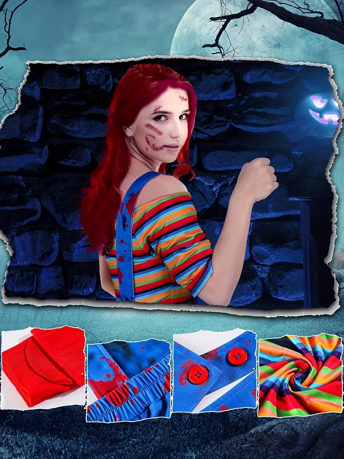 Conjunto de cosplay de Halloween de 2 piezas: camiseta de rayas de manga corta,
