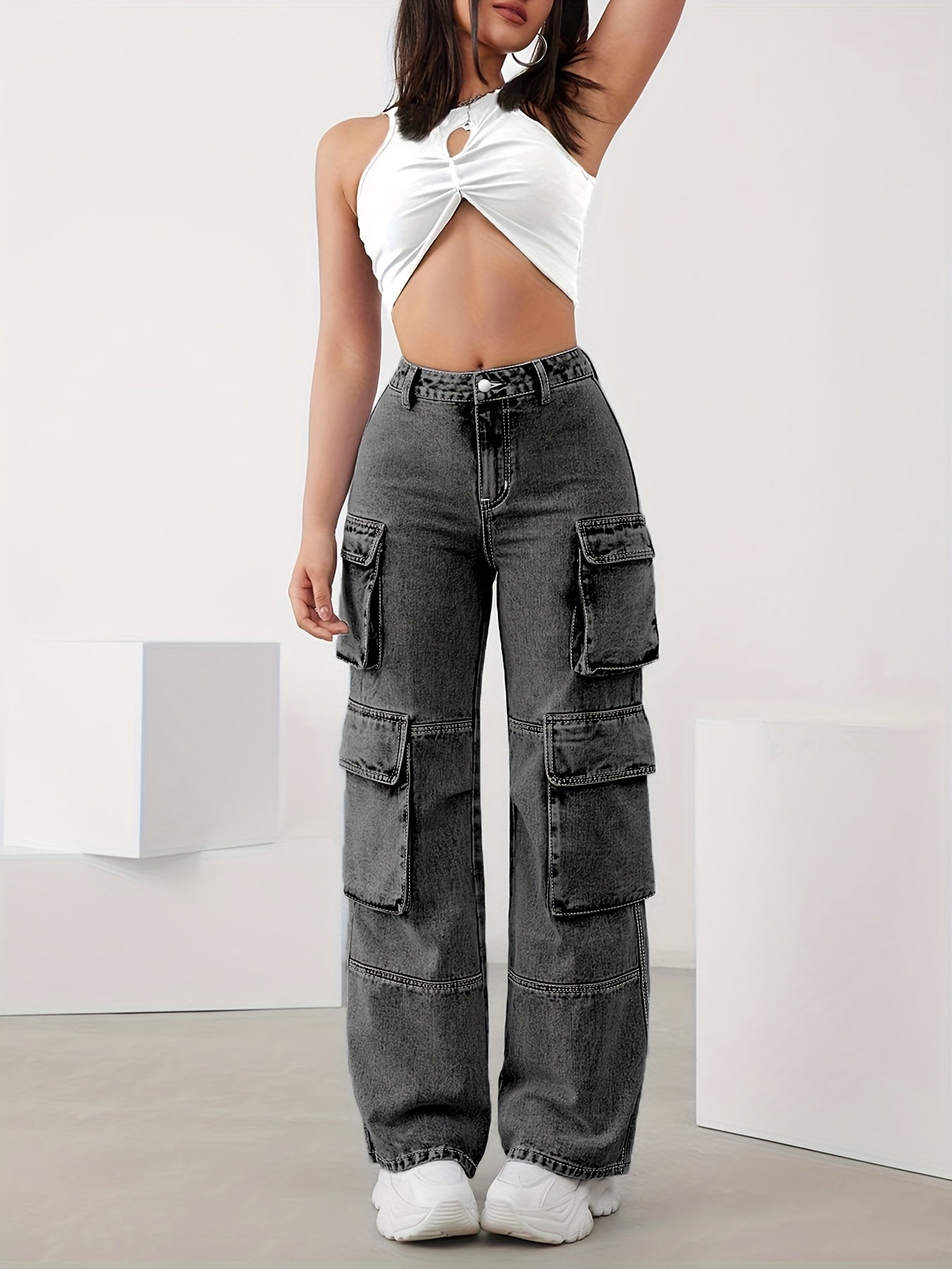 Pantalones vaqueros cargo de cintura alta para mujer, denim de gran tamaño con múltiples bolsillos, mezcla de rayón y viscosa elástica