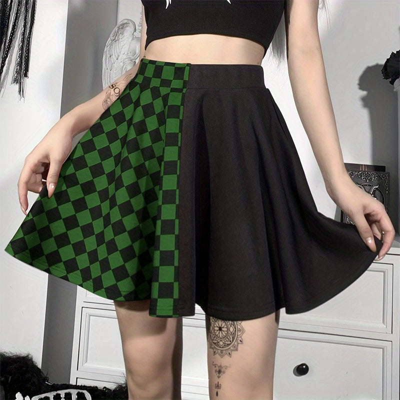 Chessboard Print Splicing Skirt, Gothic Ruched Punk Mini Skirt Without Belt, Women's Clothing
