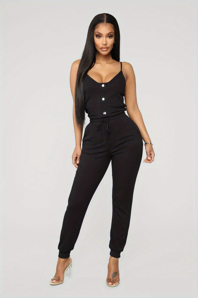 Sexy Long Length Sleeveless Drawstring Spaghetti Jumpsuit - Button Front, Solid Color, Comfortable and Relaxed Fit - Womens Fashion Clothing for Summer and Casual Occasions
