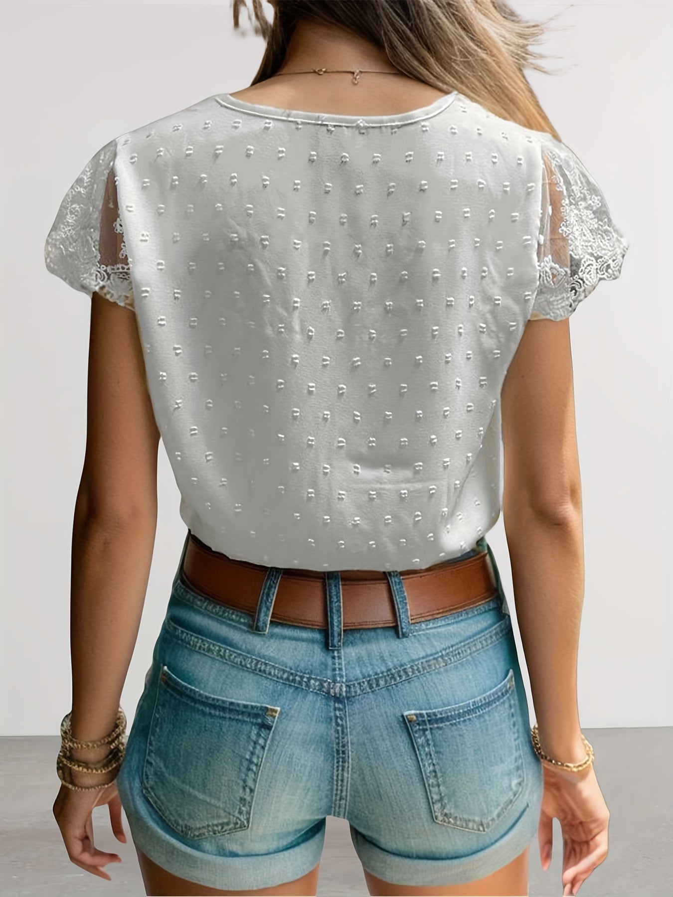 Swiss Dot Contrast Lace Blouse, Vacation V-neck Short Sleeve Button Front Blouse, Women's Clothing