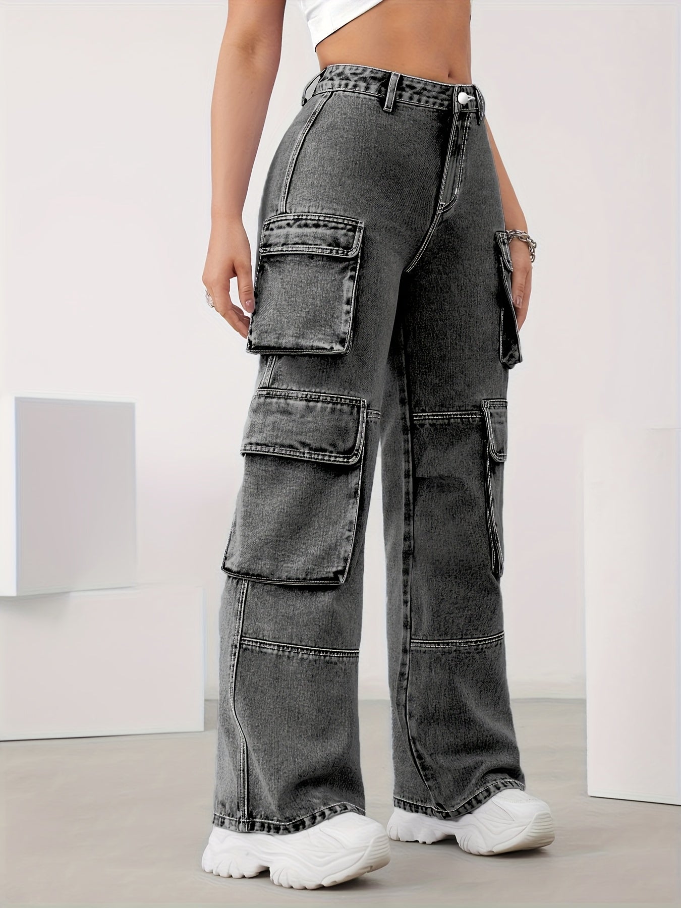 Pantalones vaqueros cargo de cintura alta para mujer, denim de gran tamaño con múltiples bolsillos, mezcla de rayón y viscosa elástica